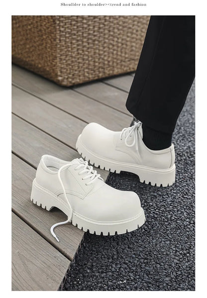 Thick Sole Casual Genuine Leather Dress Shoes Men Platform Height Increase Japan Harajuku Korean Streetwear Fashion Shoes White