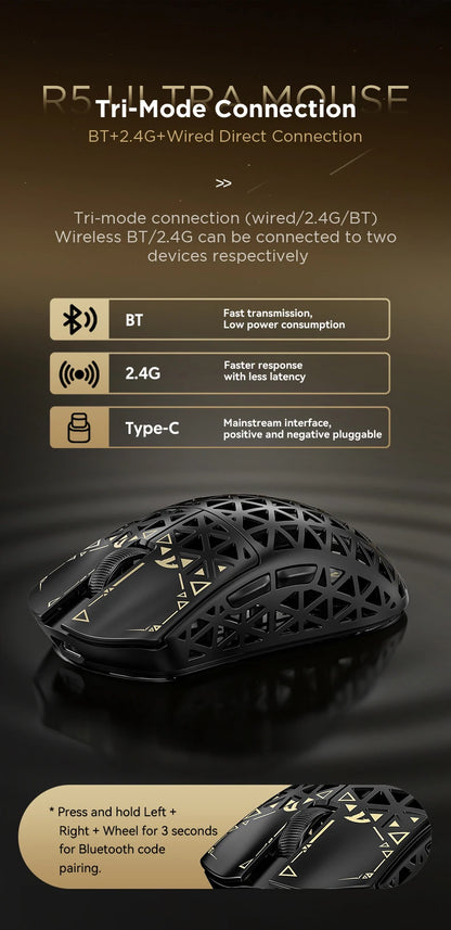 Ratón gaming inalámbrico ATTACK SHARK R5 ULTRA - sondeo 8K, sensor PAW3950MAX, 42,000 DPI, fibra de carbono ultraligera para esports profesionales