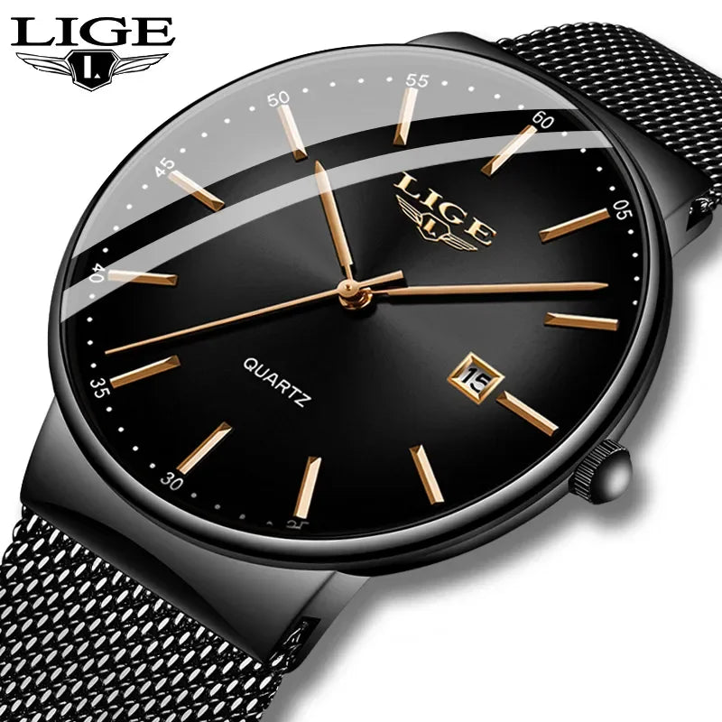 LIGE men’s watch, an elegant and luxurious model, ultra-thin, water-resistant, with a mesh strap, quartz movement, date and calendar display – ideal for a professional look.
