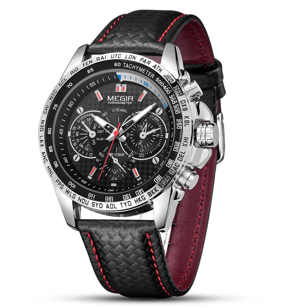 Orologio da polso analogico al quarzo da uomo MEGIR – Orologio di lusso impermeabile con cinturino in pelle, stile casual, modello 1010 (nero)