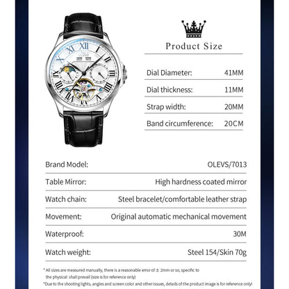 OLEVS 7013 Men’s Automatic Mechanical Watch Moon Phase, Roman Numeral Dial, Skeleton Flywheel, Luminous & 30M Waterproof