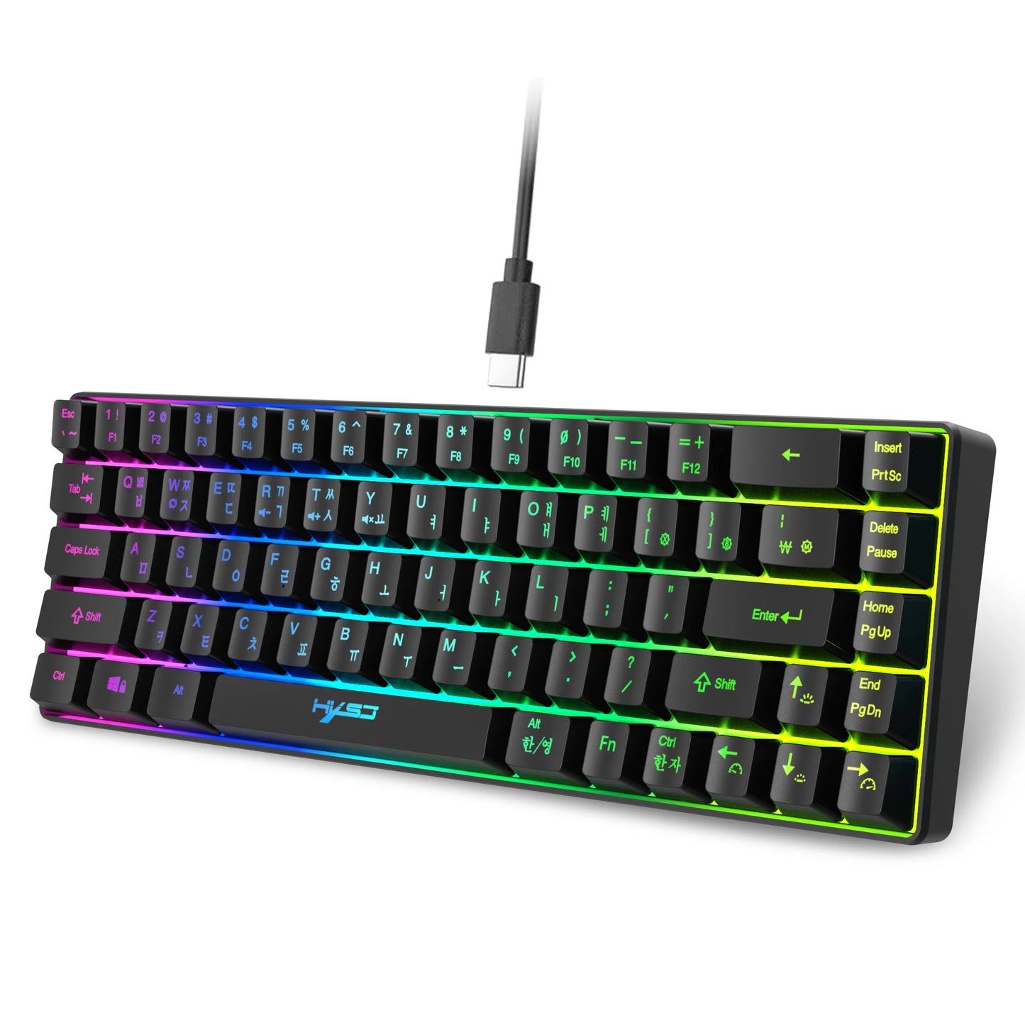 Teclado gaming de 68 teclas USB com fios portátil, retroiluminação RGB 20, teclado coreano para portáteis e computadores Windows