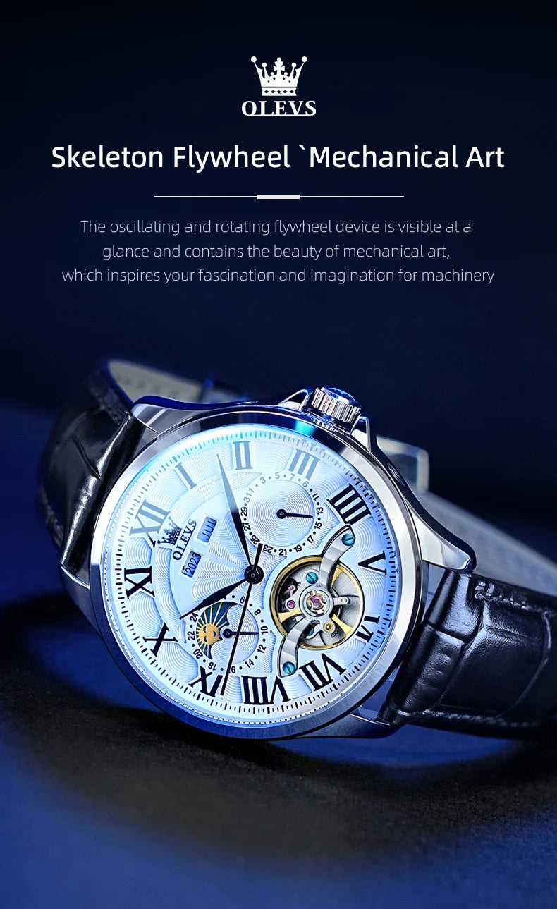 OLEVS 7013 Men’s Automatic Mechanical Watch Moon Phase, Roman Numeral Dial, Skeleton Flywheel, Luminous & 30M Waterproof