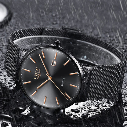 LIGE men’s watch, an elegant and luxurious model, ultra-thin, water-resistant, with a mesh strap, quartz movement, date and calendar display – ideal for a professional look.