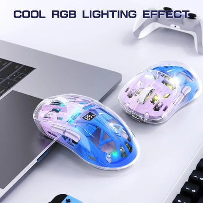 A2 transparent trådløs gamingmus, BT 5.0/2.4G genopladelig RGB-mus til PC med digital skærm, PixArt 3212, 5 justerbare DPI