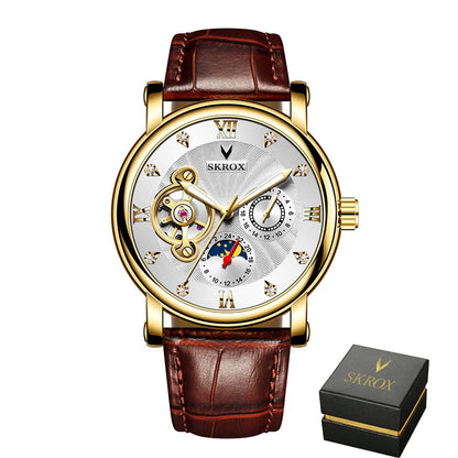 Relógio mecânico automático de luxo para homem, de uma grande marca, equipado com um turbilhão, uma fase lunar e diamantes – um elegante relógio de pulso.