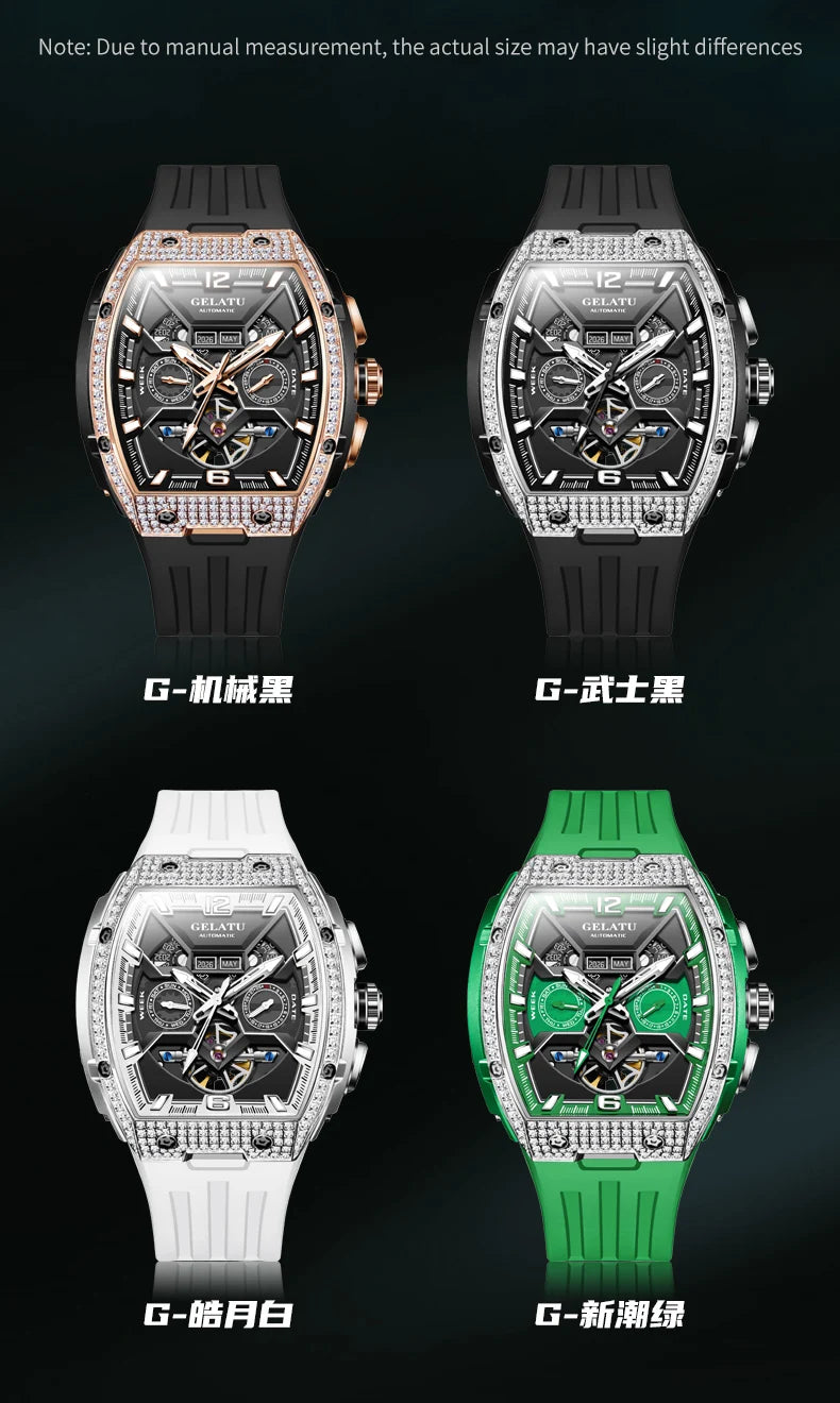 GELATU 6016 High-End Full Diamond Automatic Mechanical Watch for Men Multifunction Hollow Silicone Strap Men's Wristwatches