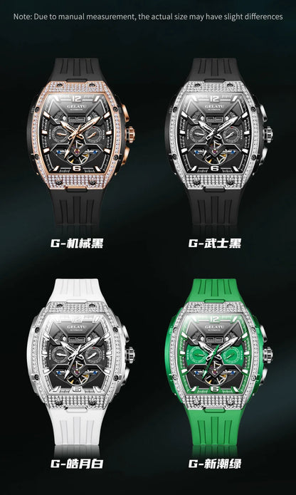 GELATU 6016 High-End Full Diamond Automatic Mechanical Watch for Men Multifunction Hollow Silicone Strap Men's Wristwatches