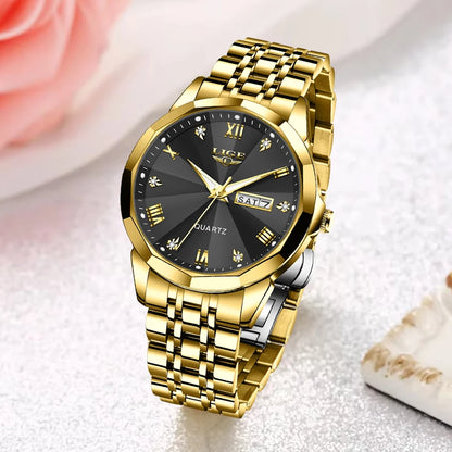 LIGE women’s quartz wristwatch – Elegant and luxurious, displaying the date and day of the week – A simple, water-resistant watch, ideal as a gift for women