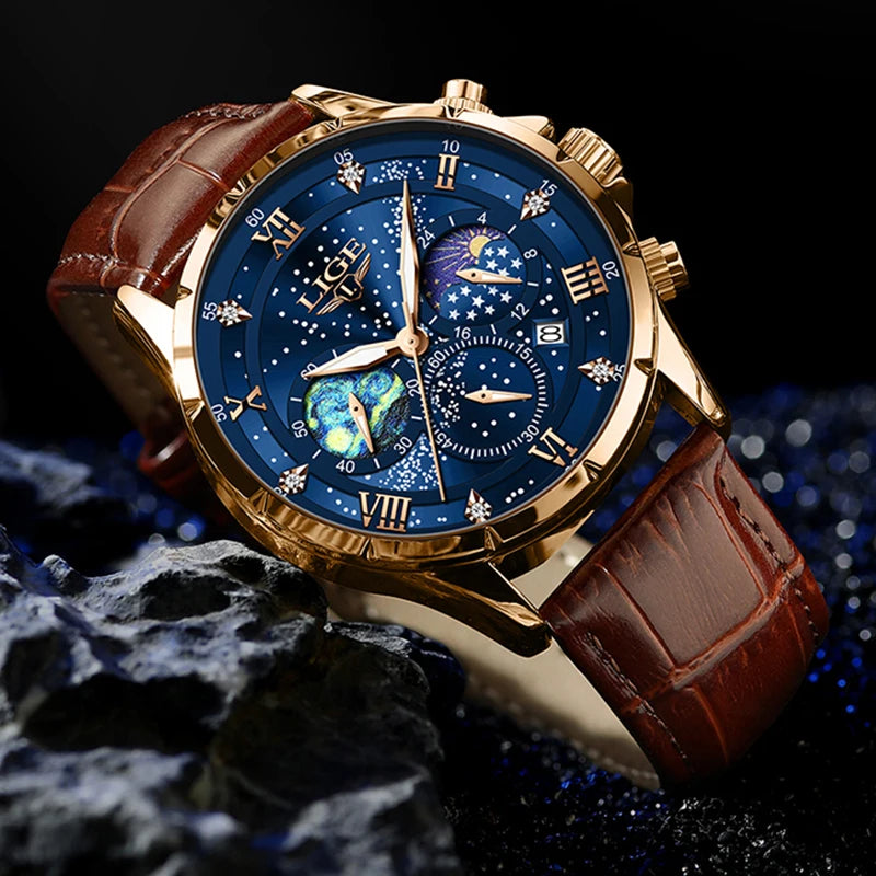 Montre pour homme LIGE – Montre à quartz de luxe, style décontracté, bracelet en cuir, idéale pour le travail ou le sport, étanche, avec date et chronographe.