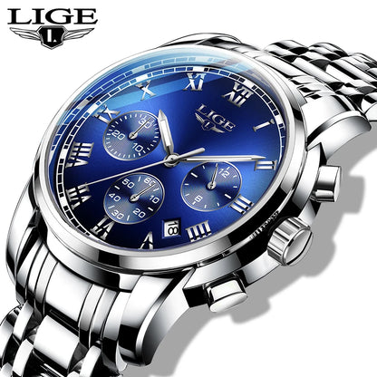 Montre pour homme LIGE – Chronographe de luxe, style sport décontracté, étanche, entièrement en acier, mouvement à quartz