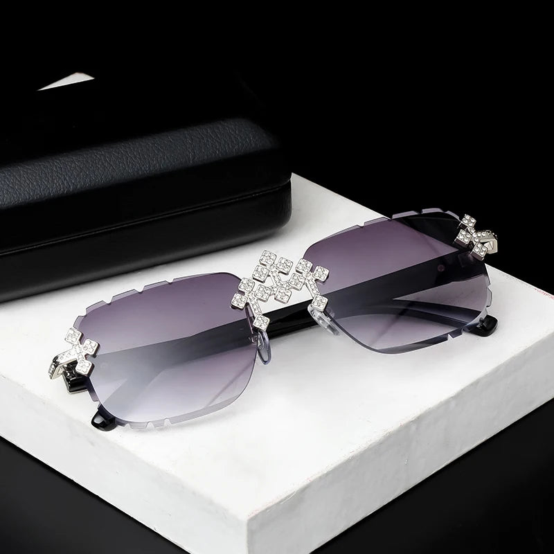2025 Fashion Square Rimless Sunglasses For Women Cross Diamond Metal Frame Luxury Eyewear Cut Lens UV400 Shades Sun Glasses