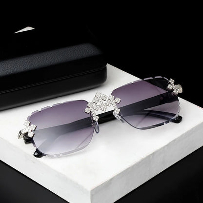 2025 Fashion Square Rimless Sunglasses For Women Cross Diamond Metal Frame Luxury Eyewear Cut Lens UV400 Shades Sun Glasses