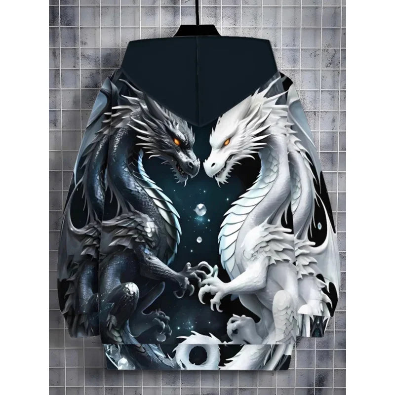 Herren-Hoodie mit Drachenprint und Reißverschluss, Kordelzug, langen Ärmeln, Oversize-Passform, für Outdoor-Aktivitäten und Reisen, Herbst/Winter