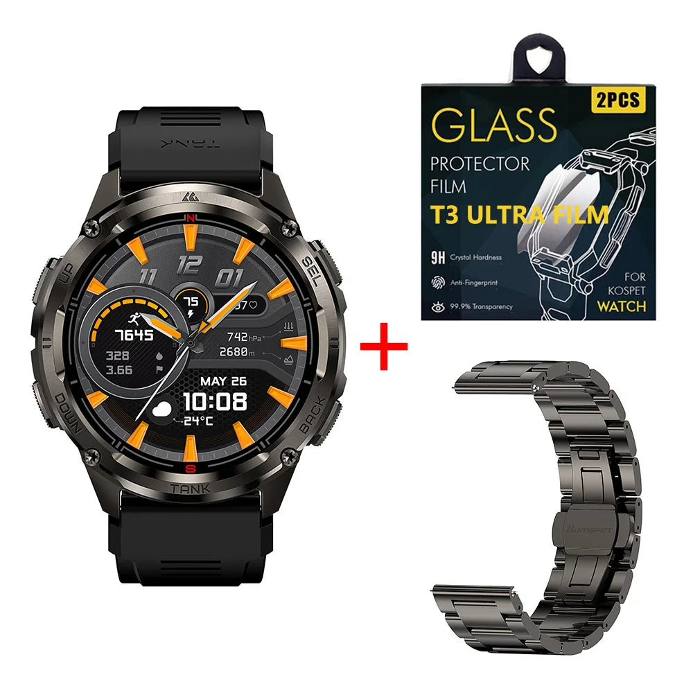 KOSPET TANK T3 Ultra 2 GPS Smart Watch for Men Bluetooth Call 5ATM IP69K Waterproof Men's Watch Stainless Steel Health Monitor