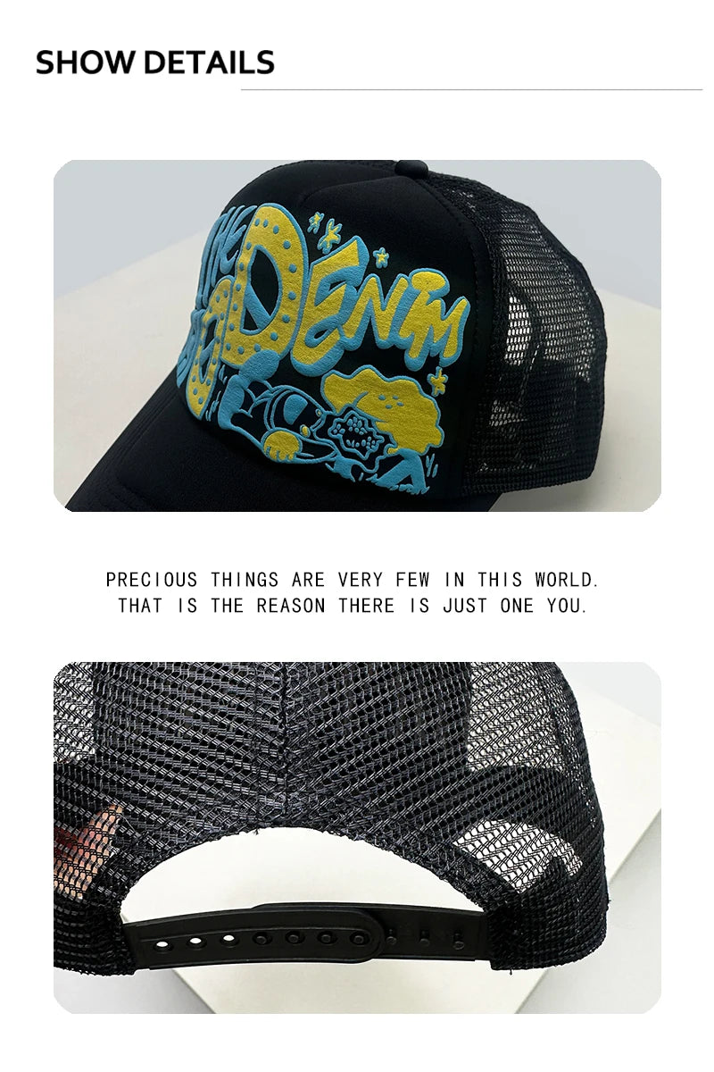 Șepci de baseball unisex interesante, cu litere imprimate 3D, cu parasolar, cu motive de desene animate, respirabile, cu blocuri de culori, șepci de camionagiu din plasă, versatile