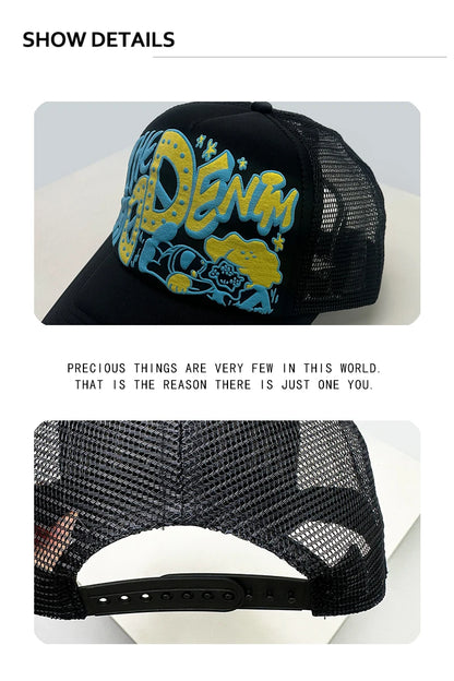 Șepci de baseball unisex interesante, cu litere imprimate 3D, cu parasolar, cu motive de desene animate, respirabile, cu blocuri de culori, șepci de camionagiu din plasă, versatile