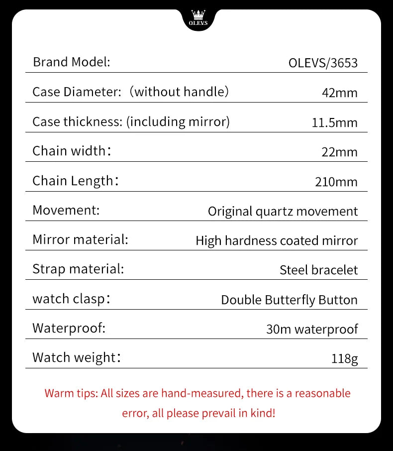 OLEVS 3653 Men’s Quartz Chronograph Watch  Moon Phase, Luminous, Date Display, Stainless Steel & 30M Waterproof