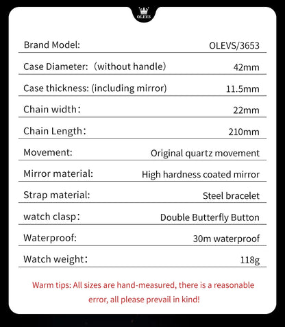 OLEVS 3653 Men’s Quartz Chronograph Watch  Moon Phase, Luminous, Date Display, Stainless Steel & 30M Waterproof