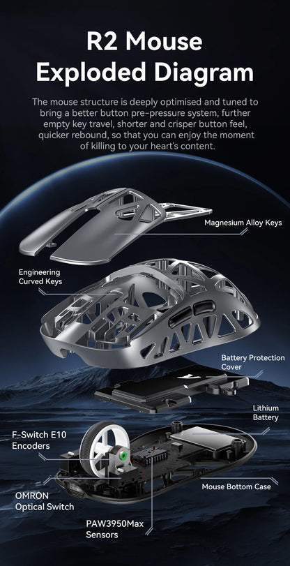 Attack Shark R2 Ασύρματο Gaming Mouse PAW3950 8K από ελαφρύ κράμα μαγνησίου, Bluetooth Tri-Mode για gaming/γραφείο