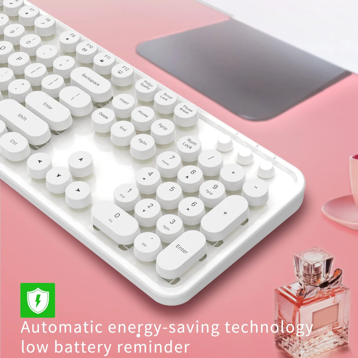 MOFii Black Retro Round Keycaps Wireless Keyboard & Mouse Combo, 2.4G Quiet Office Set, US QWERTY Layout
