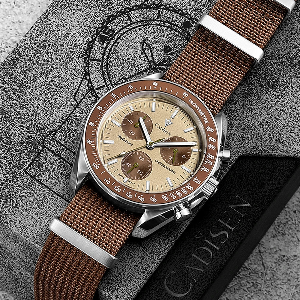CADISEN Új férfi karórák Luxus kvarc karóra férfiaknak Zafír AR bevonatú üveg Vászon VK68 Speed Chronograph Automatikus