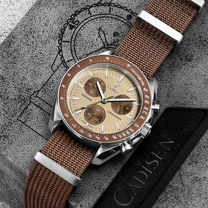CADISEN Új férfi karórák Luxus kvarc karóra férfiaknak Zafír AR bevonatú üveg Vászon VK68 Speed Chronograph Automatikus