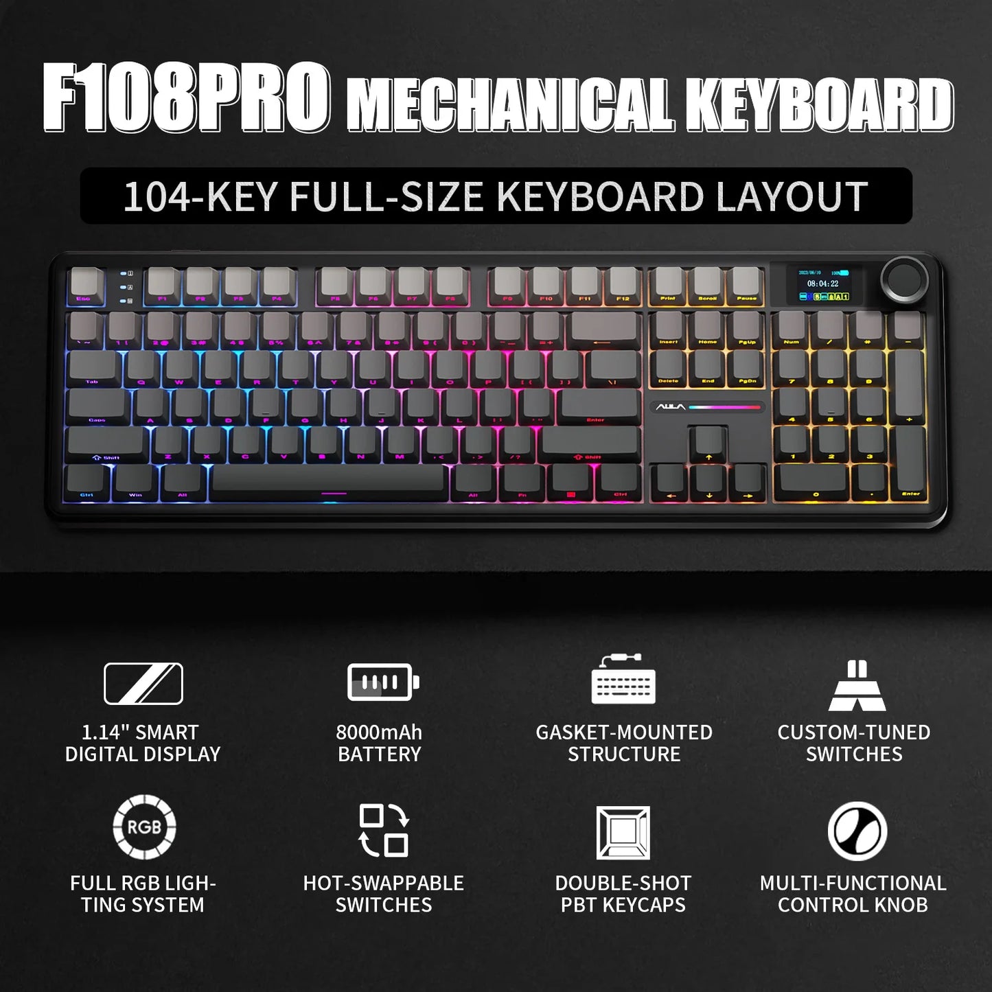 AULA F108 PRO Mechanische Tastatur Custom 100%-Layout RGB-Hintergrundbeleuchtung Kabellos Bluetooth Hifi-Switch Gaming-Tastatur