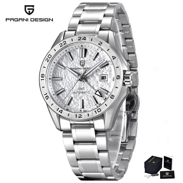 Pagani Design Men's Luxury GMT Automatic Watch Stainless Steel Case Sapphire Glass 100m Waterproof Mechanical Business Watch
