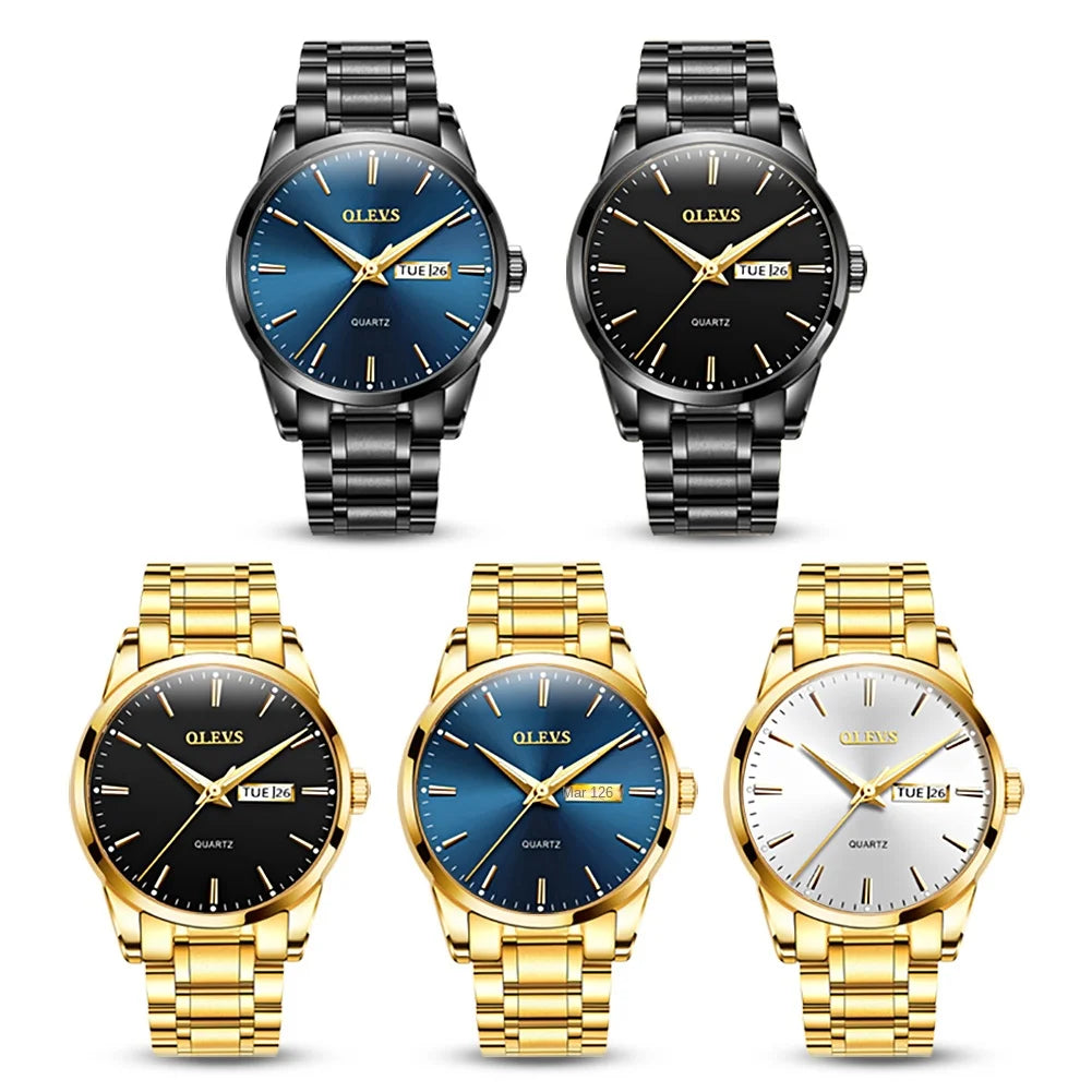 OLEVS Men’s Watch – Stainless steel quartz wristwatch, water-resistant, gold-coloured, elegant and luminous, a luxury accessory for men