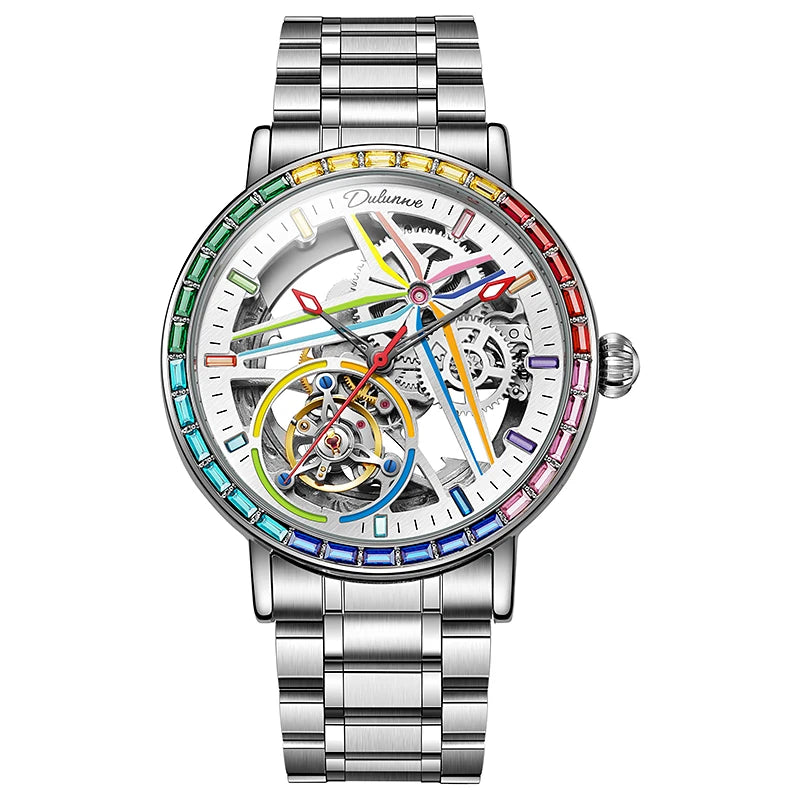 Montre squelette pour homme, style mode, ornée de pierres précieuses aux couleurs de l'arc-en-ciel, dotée d'un tourbillon; montre mécanique automatique de luxe, étanche jusqu'à 30 mètres.