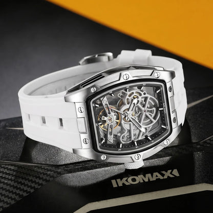 MEGIR mechanisch herenhorloge, tonvormig, opengewerkte skeletwijzerplaat, sportieve stijl, siliconen band, luxe automatisch horloge