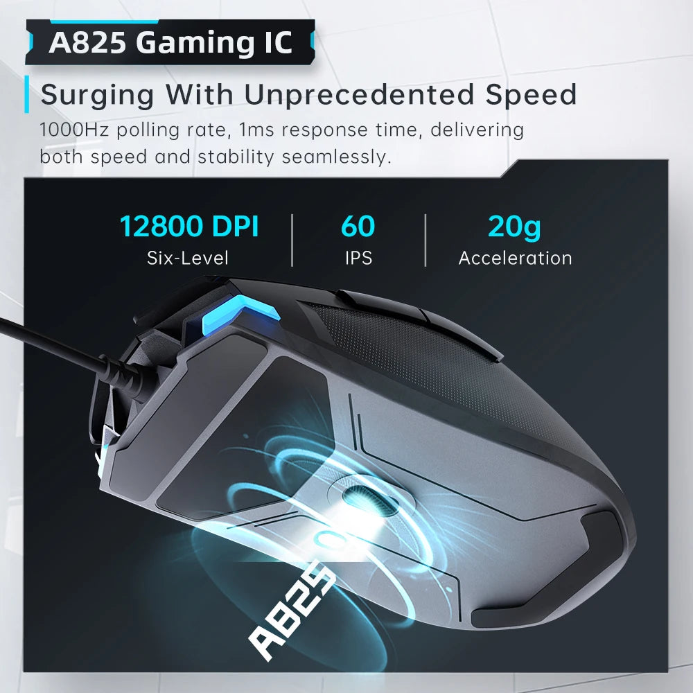 Machenike M7Pro Ενσύρματο Gaming Ποντίκι USB Instant A825 12800DPI 1000Hz 7 Κουμπιά 65g RGB για Laptop και PC