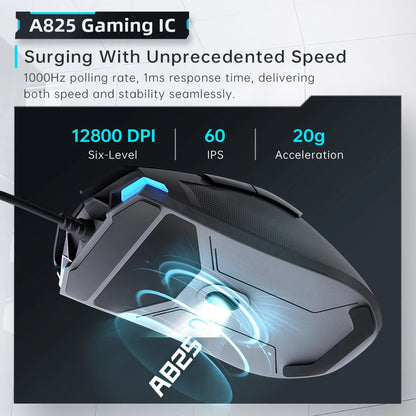 Machenike M7Pro Ενσύρματο Gaming Ποντίκι USB Instant A825 12800DPI 1000Hz 7 Κουμπιά 65g RGB για Laptop και PC