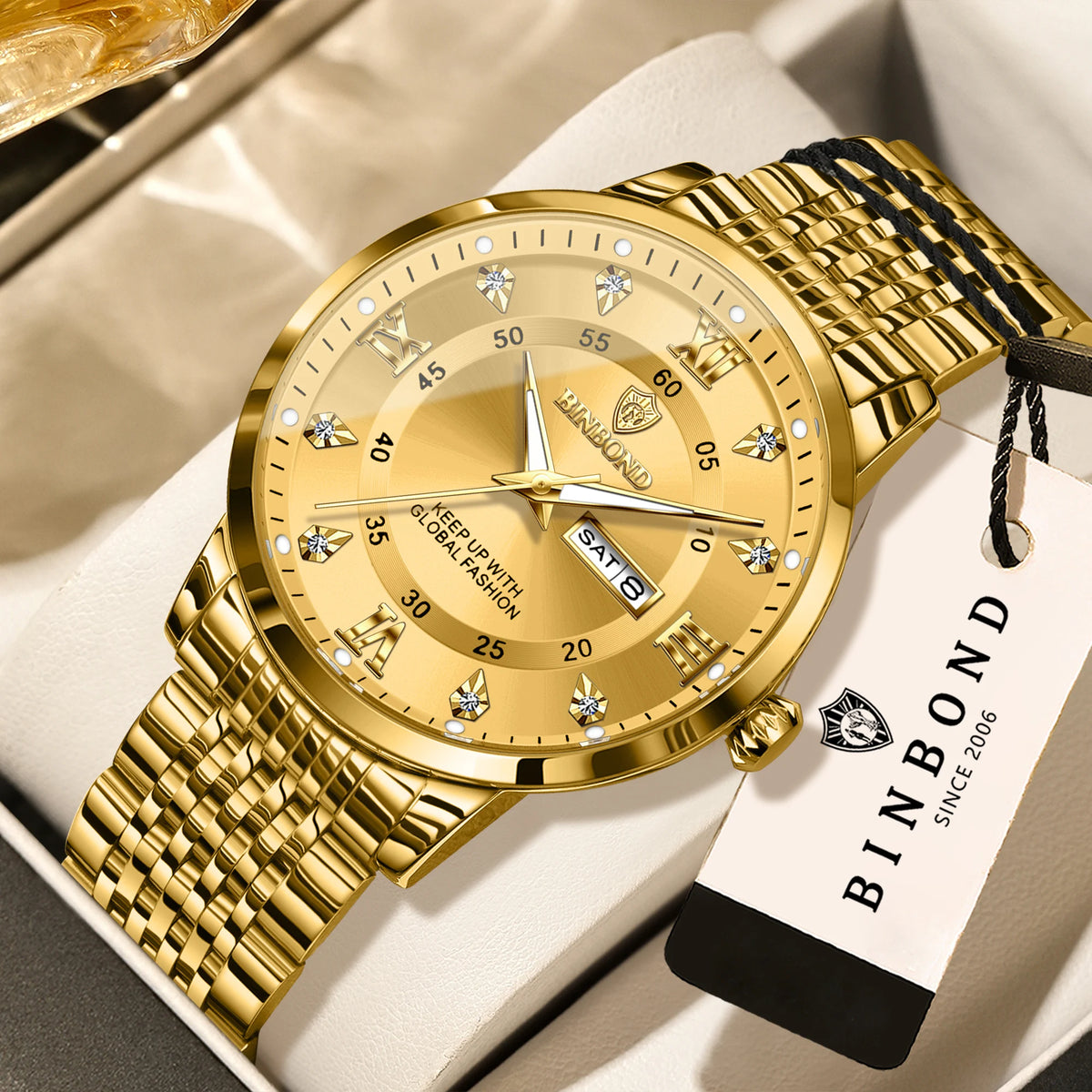Relógio de pulso de luxo BINBOND com movimento de quartzo para homem – Impermeável, luminoso, com indicação do dia da semana – Estilo empresarial, desportivo, moderno e casual