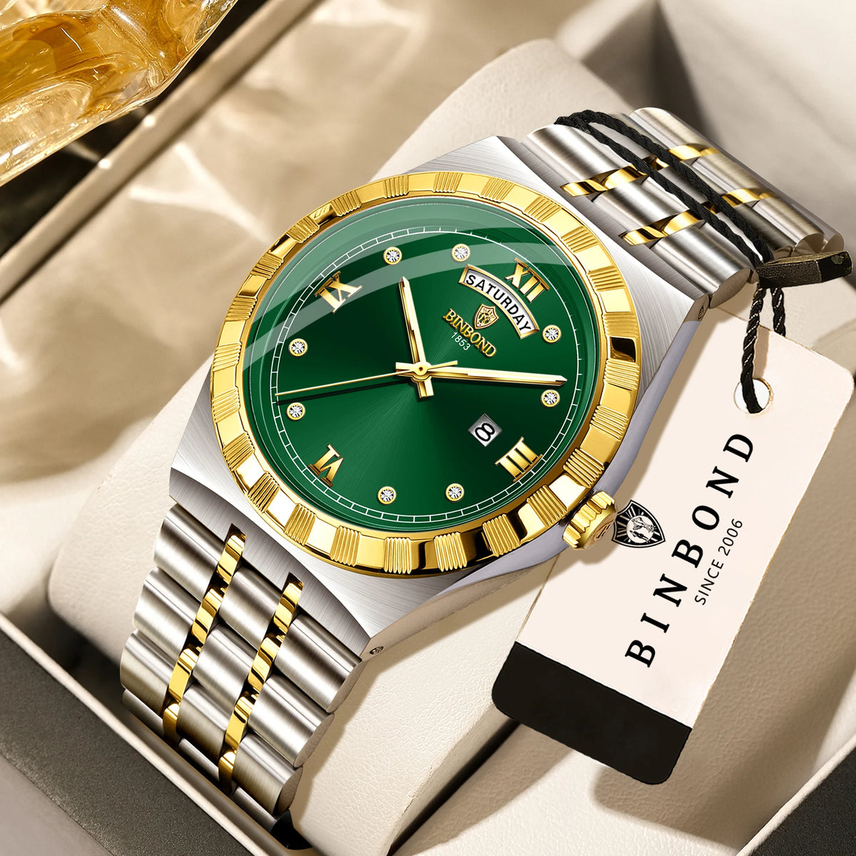 Relógio para homem da marca original BINBOND – Relógio de pulso de quartzo, modelo de luxo, estanque e luminescente.