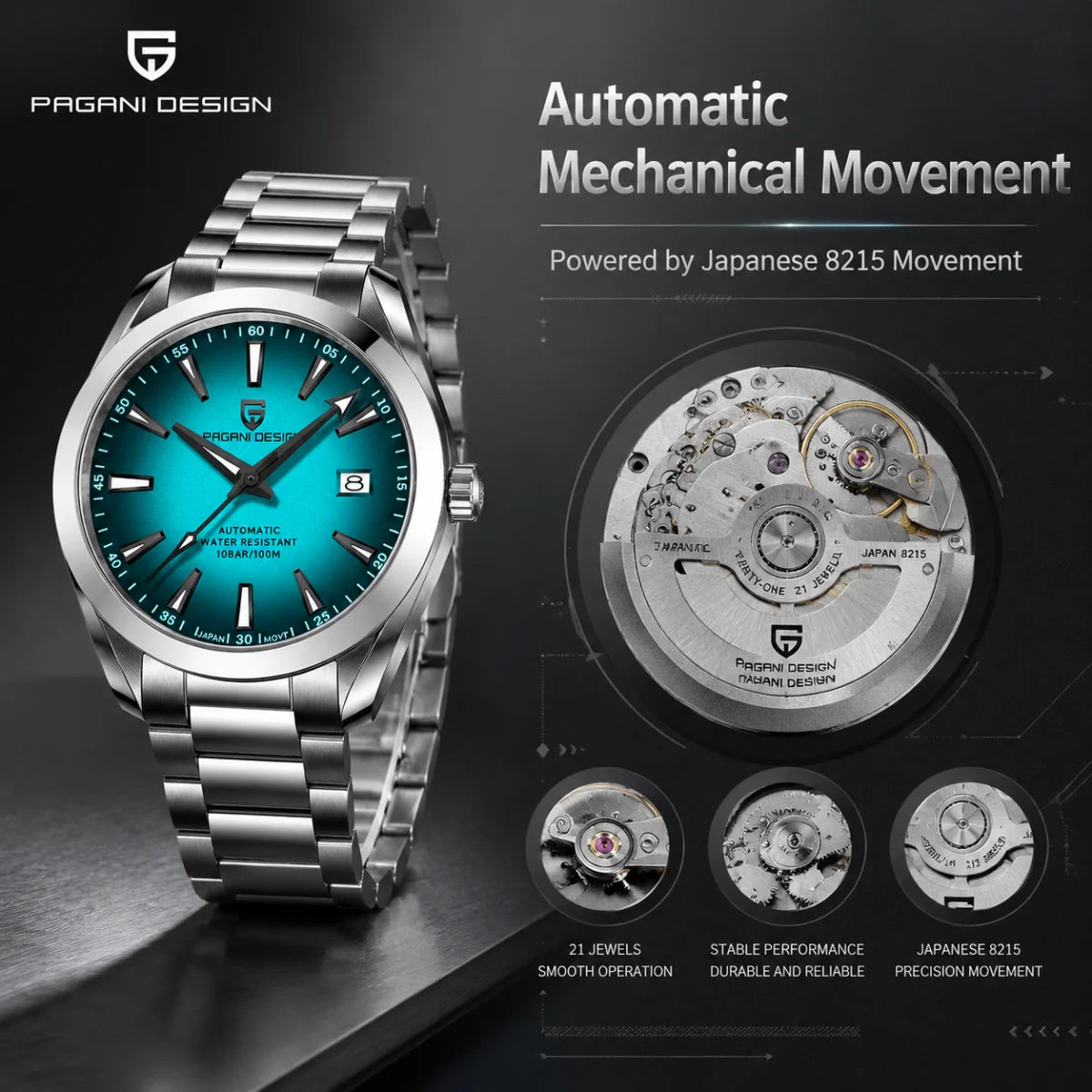 PAGANI DESIGN Luxury Business 40 mm-es férfi mechanikus karóra, csúcsminőségű zafírüveges férfi automata karóra, 100 m-es vízállóság