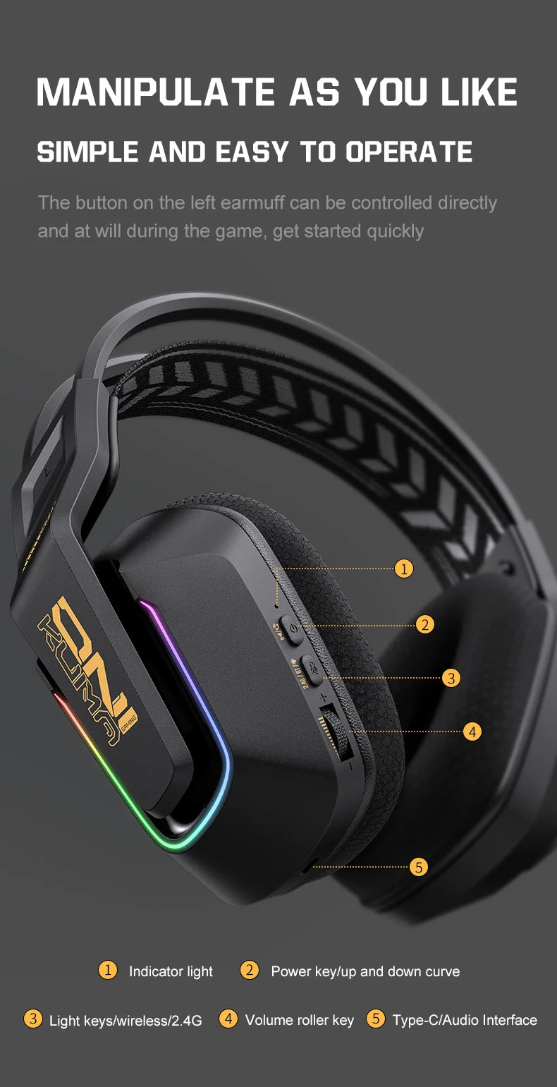 ONIKUMA GT828 Wireless Gaming Headset Bluetooth 5.3 RGB Headphones with Mic, Noise Cancelling, 4-Mode Connection for PC, PS5 & Laptop