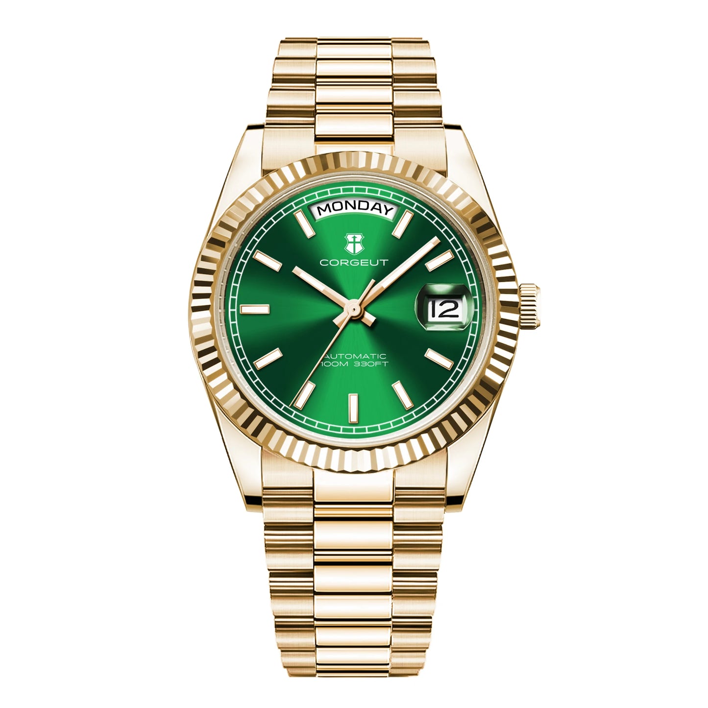 Reloj mecánico CORGEUT NH36 para hombre con indicador de día y fecha, brazalete President, caja de acero, bisel arqueado roscado, waterp