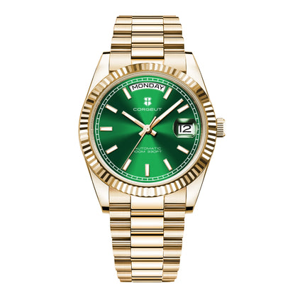 Reloj mecánico CORGEUT NH36 para hombre con indicador de día y fecha, brazalete President, caja de acero, bisel arqueado roscado, waterp