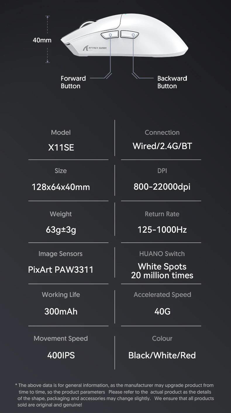 Bezprzewodowa mysz gamingowa ATTACK SHARK X11SE, trójtrybowa, ultralekka 63g, z sensorem PAW3311, 22000 DPI, baterią 300mAh, podwójnym sterownikiem