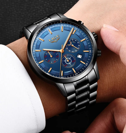 LIGE Men’s Watch – Luxury quartz chronograph, water-resistant (3 bar), with luminescent hands – Gift idea (box included)