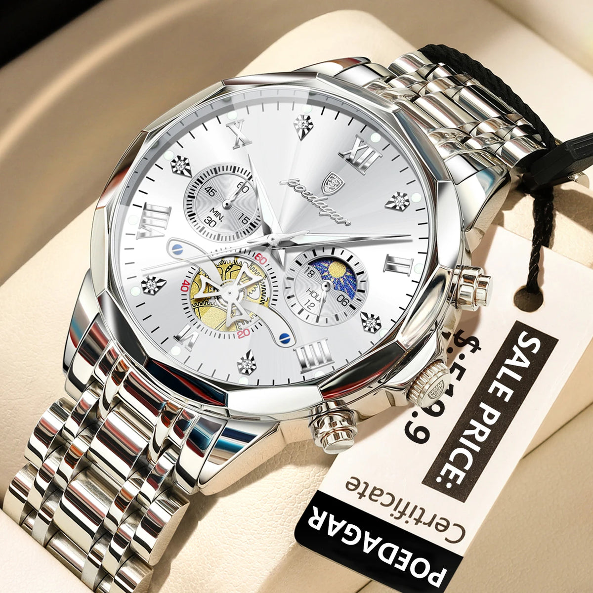Montre homme de luxe POEDAGAR, chronographe lumineux étanche, en acier inoxydable, à quartz.