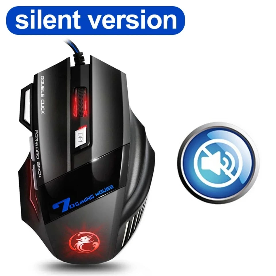 Ratón gaming con cable para ordenador, retroiluminación RGB, diseño ergonómico silencioso, LED, 7 botones y USB para PC de escritorio
