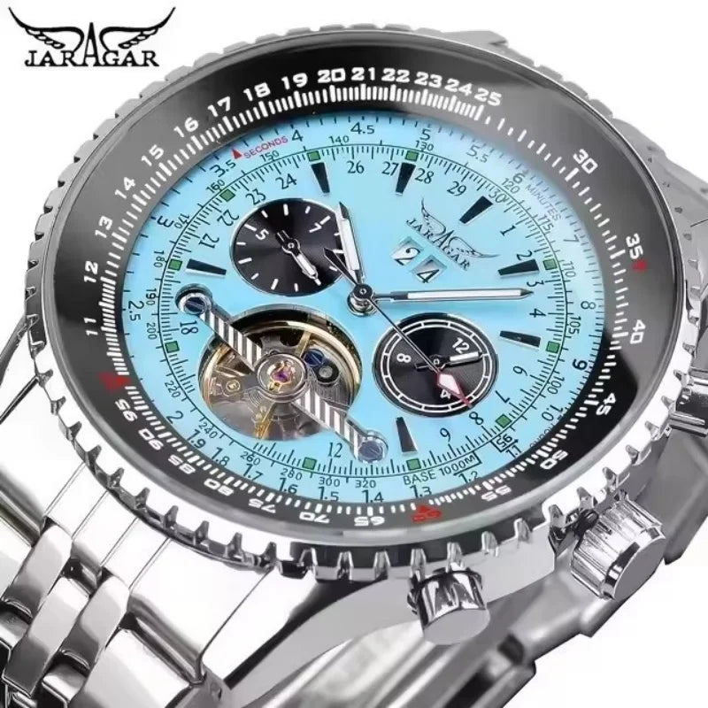 JARAGAR 034 luxury retro automatic mechanical watch, tourbillon, skeletonised case, stainless steel, week calendar, men’s watch