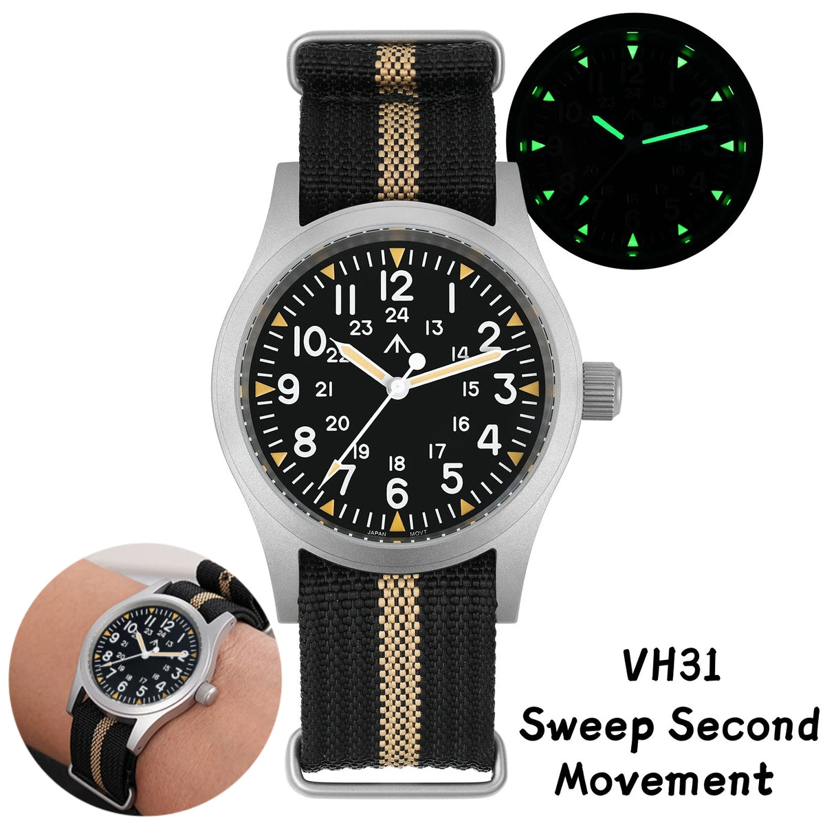 Militado ML05 Vintage Field Watch  VH31 Sweep Quartz Movement, Domed Sapphire Crystal, 38mm, Luminous & 100M Waterproof