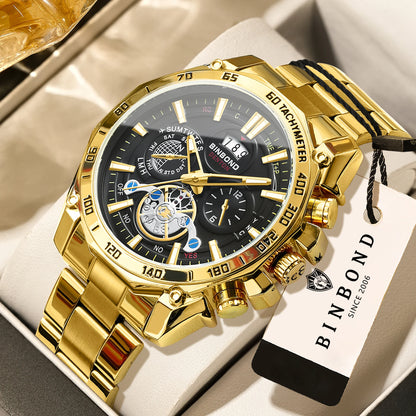 BINBOND luxury quartz watches for men: luminous, water-resistant, with automatic date display, accurate and durable, in a sporty and business style.