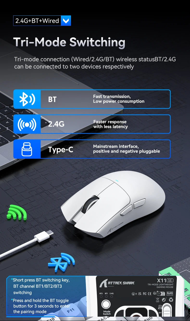 ATTACK SHARK X11SE trådløs gamingmus, tri-mode, 63g superlet med PAW3311-sensor, 22000 DPI, 300mAh batteri, dobbelt driver