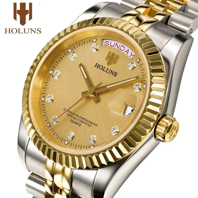 Holuns Luxury Classic 36/41 mm-es arany férfi karóra, japán MIYOTA kvarc szerkezet, rozsdamentes acél, klasszikus üzleti karóra, vízálló