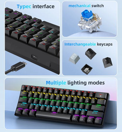 APAYADO K61 60% Mini bedraad mechanisch gamingtoetsenbord Phantom RGB, 61 toetsen, red/blue switch, ergonomisch, draagbaar voor pc/laptop
